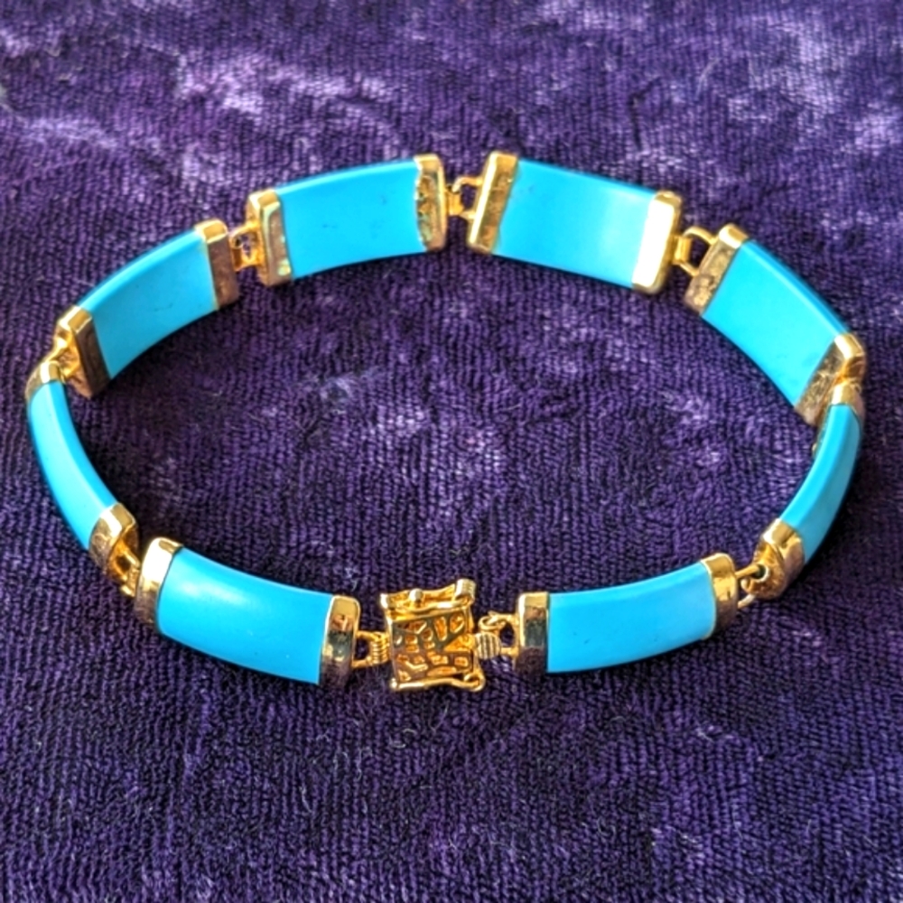 Vintage 18K Gold Plated Chinese Turquoise - Like Bracelet